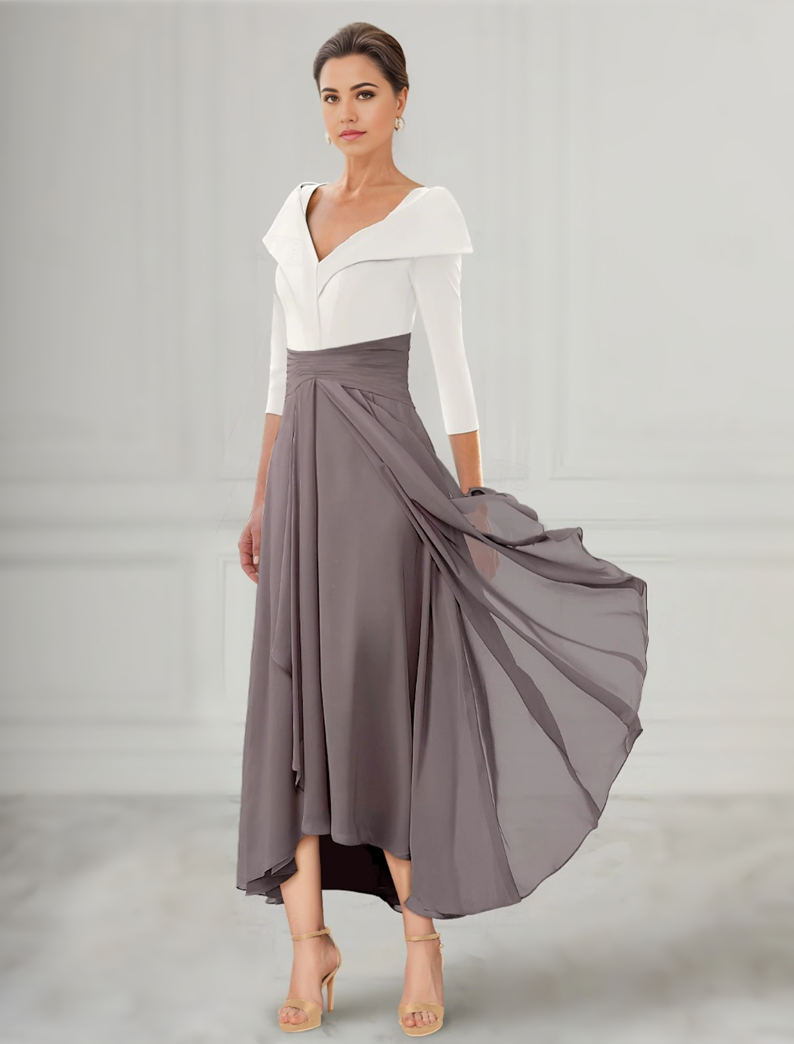 Vestido de madre de la novia de corte A, elegante, escote en V, asimétrico, largo hasta los tobillos, de gasa, manga 3/4 con pliegues